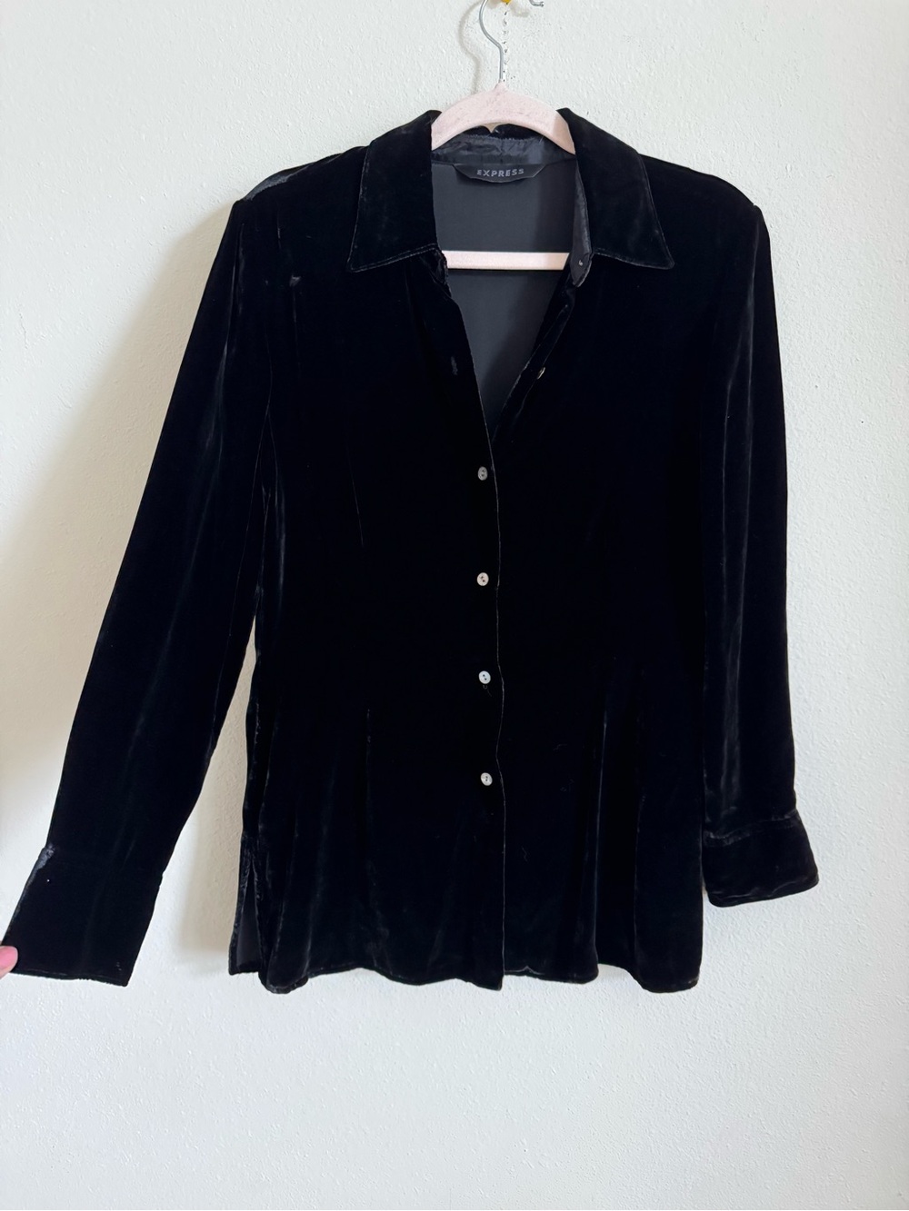 Vintage 90s Express Black Velvet Silk Minimalist Button Down Blouse Top S